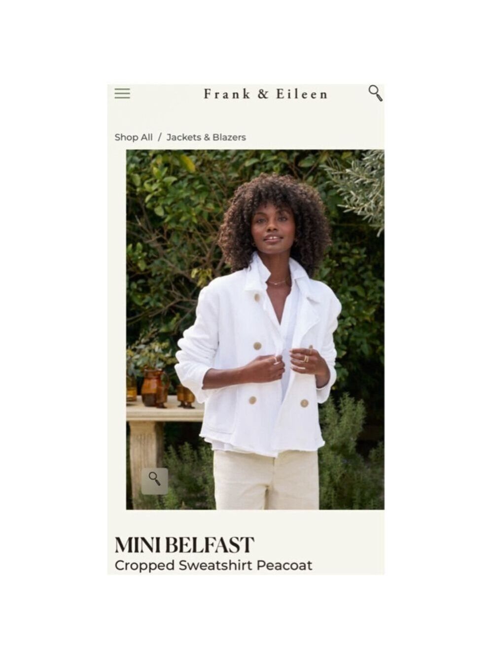 New Frank & Eileen White Mini Belfast Cropped Triple Fleece Peacoat M